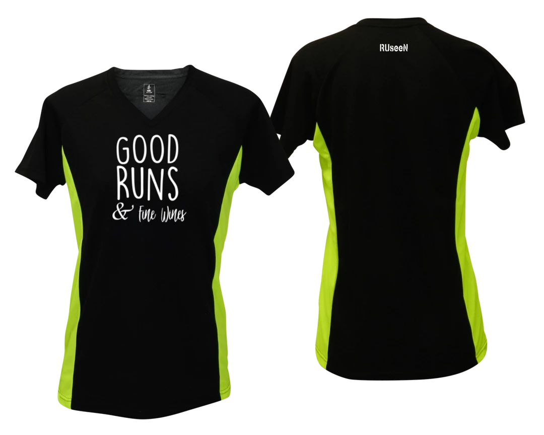 RUseeN Reflective Apparel Women's Reflective Short Sleeve Shirt - Good Runs & Fine Wines Women's Short Sleeve