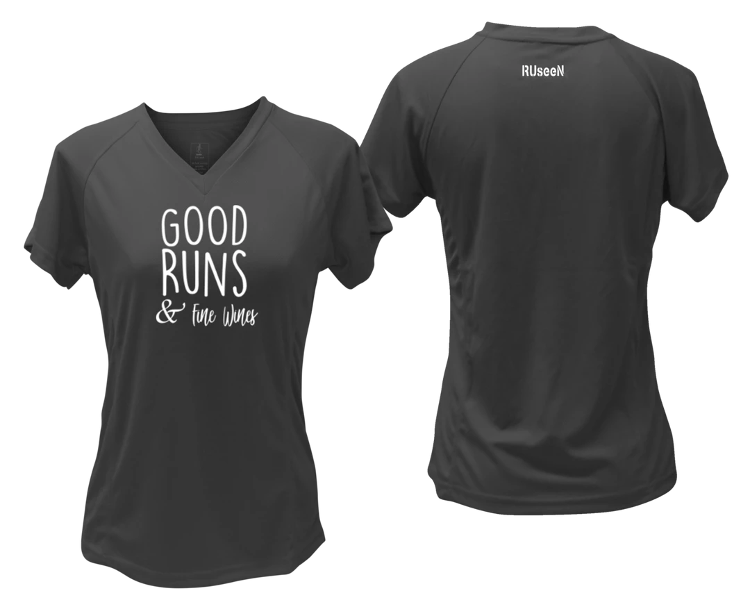 RUseeN Reflective Apparel Women's Reflective Short Sleeve Shirt - Good Runs & Fine Wines Women's Short Sleeve