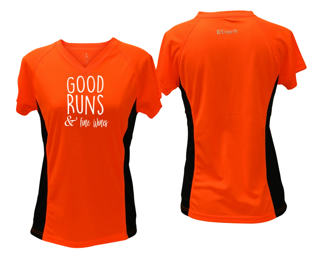 RUseeN Reflective Apparel Women's Reflective Short Sleeve Shirt - Good Runs & Fine Wines Women's Short Sleeve