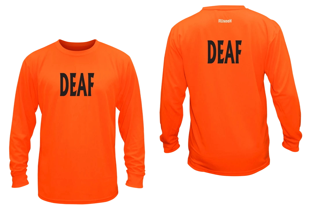 RUSEEN Reflective Apparel LLC Unisex DEAF Long Sleeve Shirt - Reflective Or Black Text Deaf / Hearing Impaired Collection