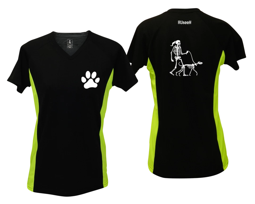 RUseeN Reflective Apparel Women's Reflective Short Sleeve Shirt - Skeleton Walking Skeleton Dog