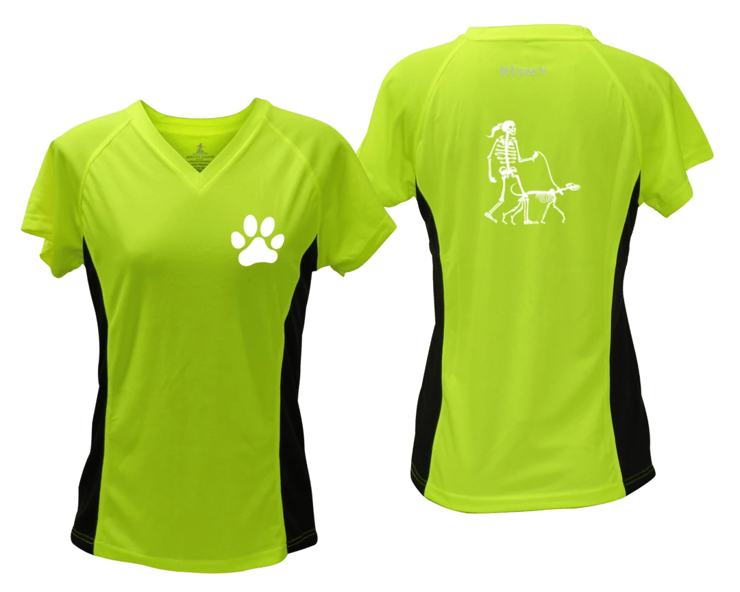 RUseeN Reflective Apparel Women's Reflective Short Sleeve Shirt - Skeleton Walking Skeleton Dog