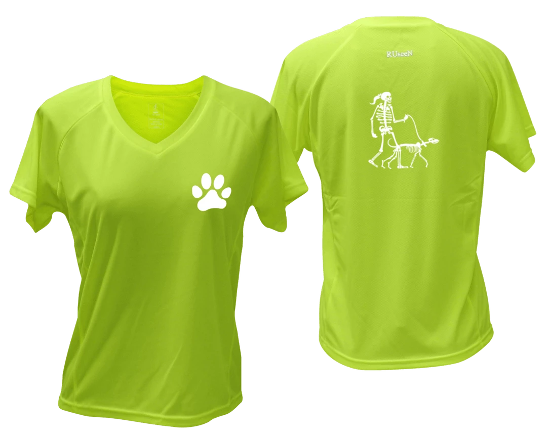 RUseeN Reflective Apparel Women's Reflective Short Sleeve Shirt - Skeleton Walking Skeleton Dog