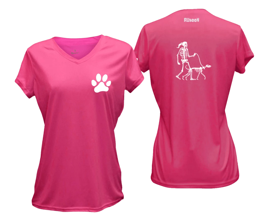 RUseeN Reflective Apparel Women's Reflective Short Sleeve Shirt - Skeleton Walking Skeleton Dog