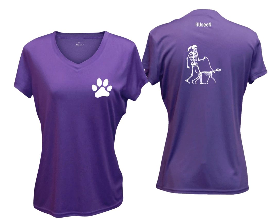 RUseeN Reflective Apparel Women's Reflective Short Sleeve Shirt - Skeleton Walking Skeleton Dog