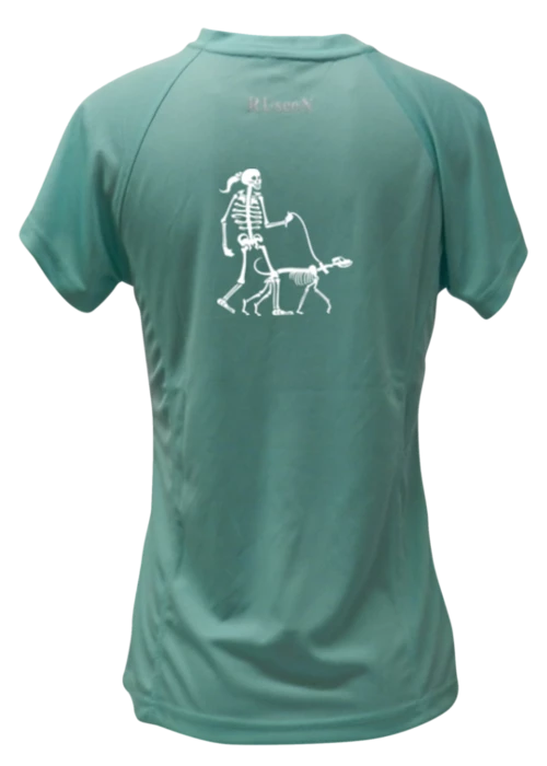 RUseeN Reflective Apparel Women's Reflective Short Sleeve Shirt - Skeleton Walking Skeleton Dog