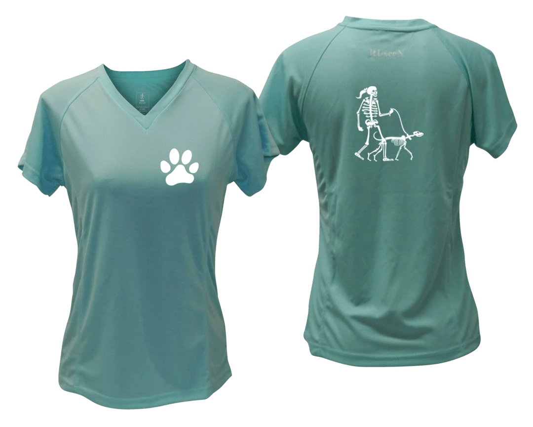 RUseeN Reflective Apparel Women's Reflective Short Sleeve Shirt - Skeleton Walking Skeleton Dog