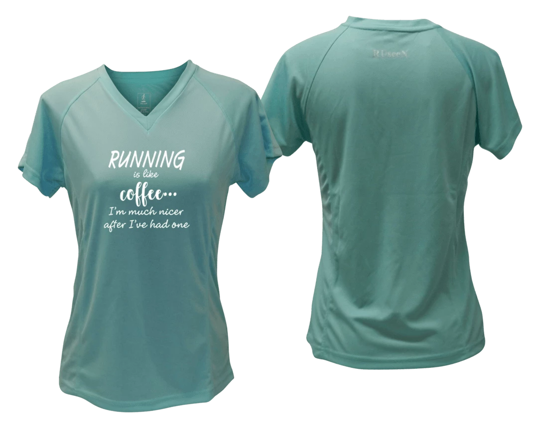 RUseeN Reflective Apparel Women's Reflective Short Sleeve Shirt - Running Is Like Coffee