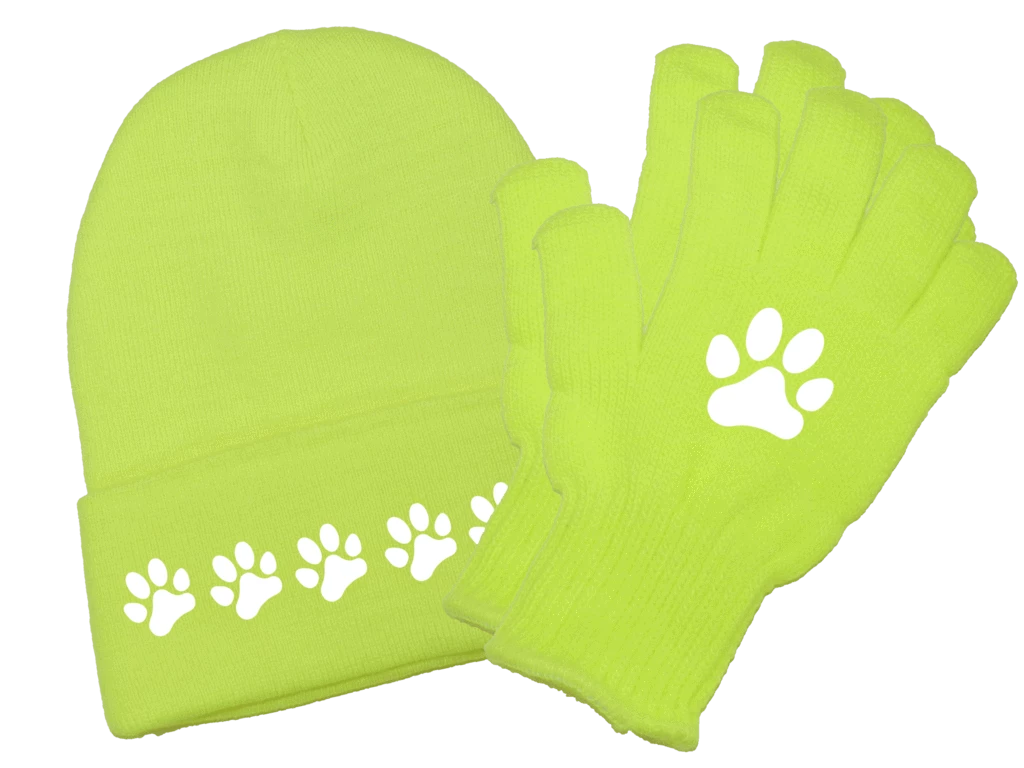 RUseeN Reflective Apparel Reflective Knit Beanie & Gloves Combo - Paw Prints Accessories